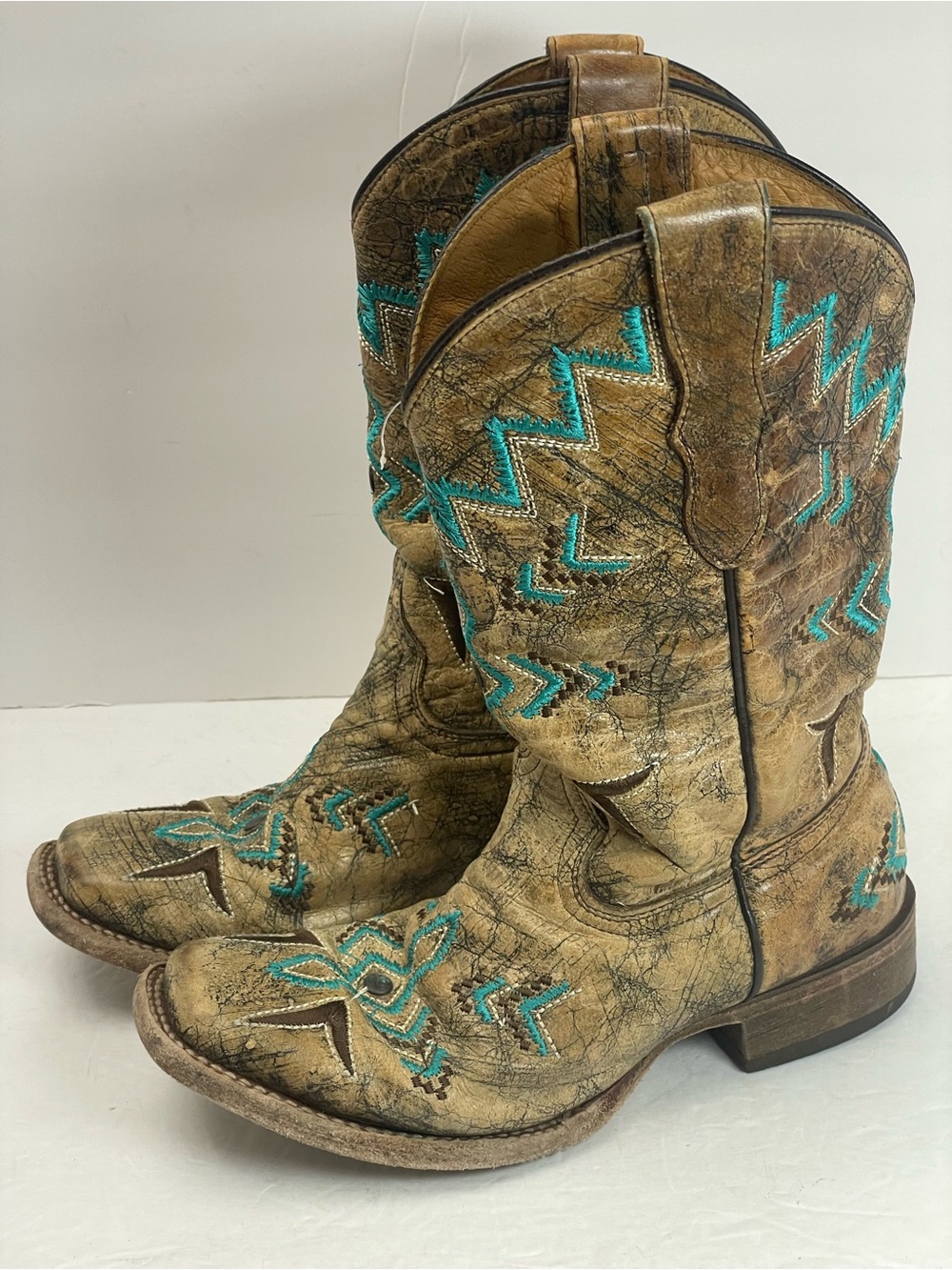Corral Teens Cowboy Boots Girls Size 3 Tan Turquoise Embroidered Western